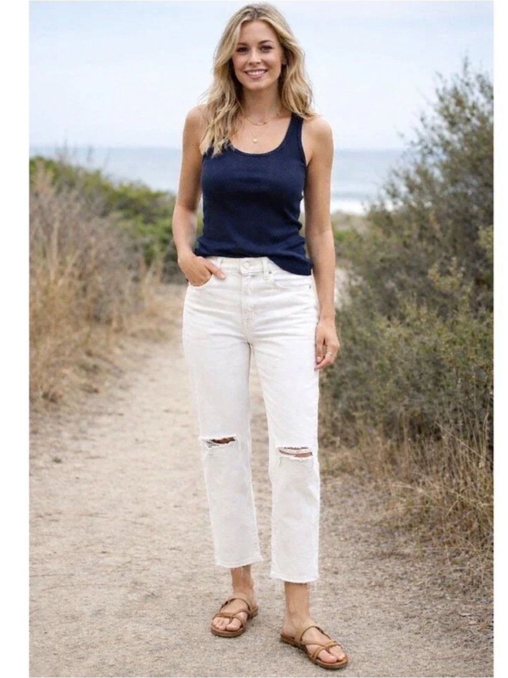 Madewell The Dean Easy Straight Crop White Cotton Torn Denim Jean Size 32 NWT
